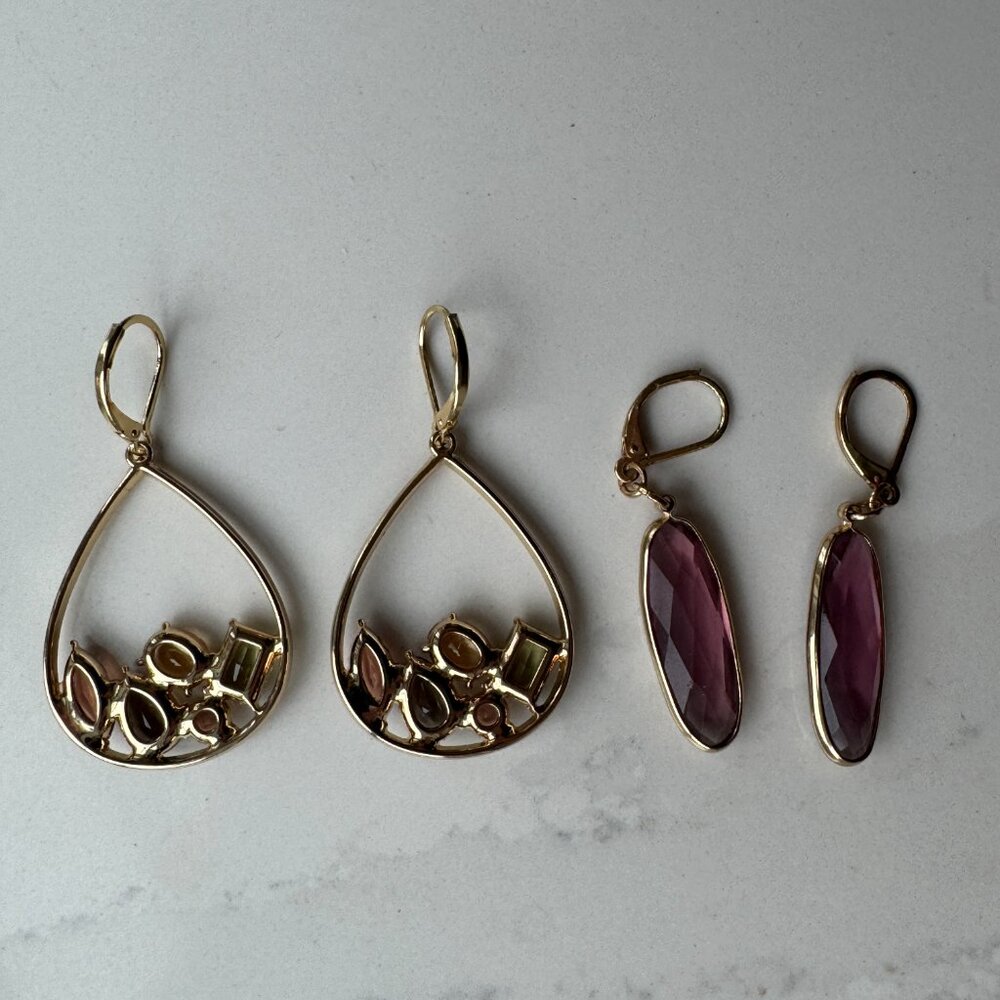 2 Anne Klein Gold-Tone Dangle Earrings – Teardrop Gem Cluster & Lavender Glass - Picture 10 of 14